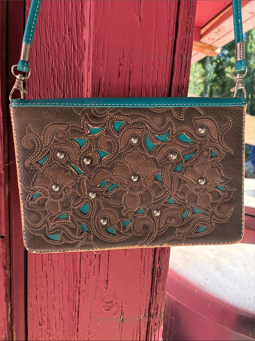 Brown Leather Shoulder Bag with Teal Accents - Picture 2 of 6